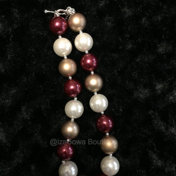 Gold, Ivory & Burgundy Chunky Bead Necklace HAND CRAFTED